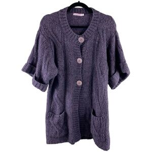 Moda Immagine Women’s Purple Short Sleeve‎ Cable Knit Button Front Cardigan Sz M